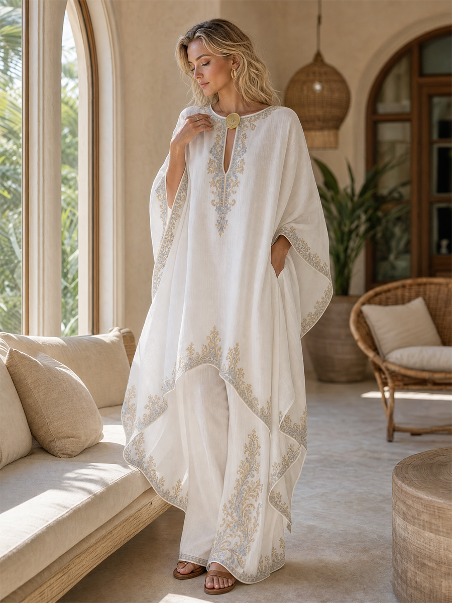 Resort Luxe Embroidered Kaftan Top & Wide Leg Pants Set