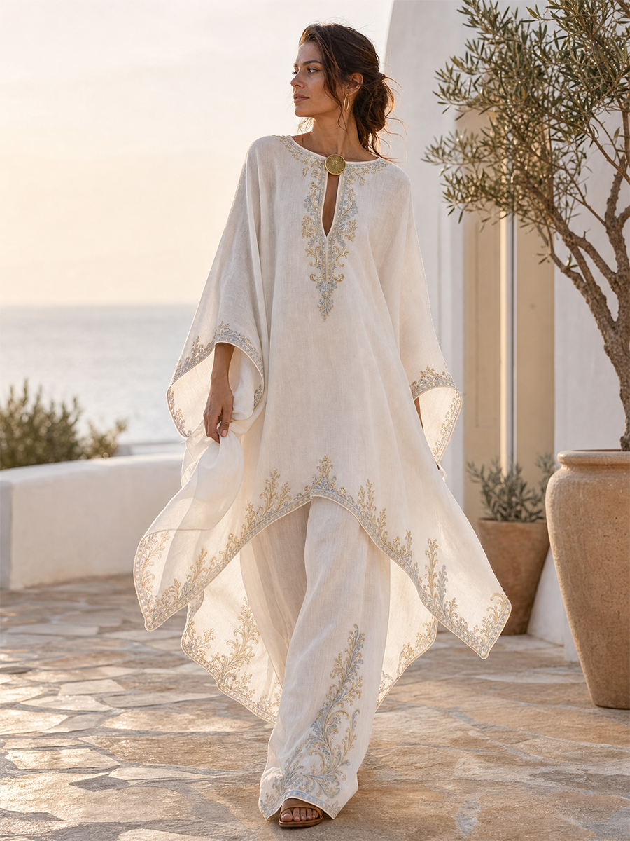 Resort Luxe Embroidered Kaftan Top & Wide Leg Pants Set