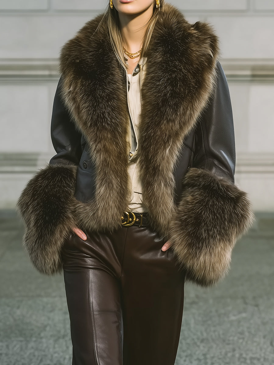 Power Dressing Cropped Eco-friendly Leather Jacket With Wide Faux Fur Collar & Cuffs