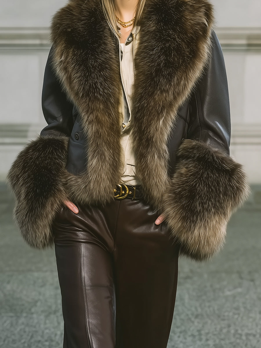 Power Dressing Cropped Eco-friendly Leather Jacket With Wide Faux Fur Collar & Cuffs