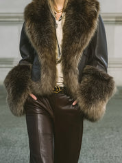 Power Dressing Cropped Eco-friendly Leather Jacket With Wide Faux Fur Collar & Cuffs