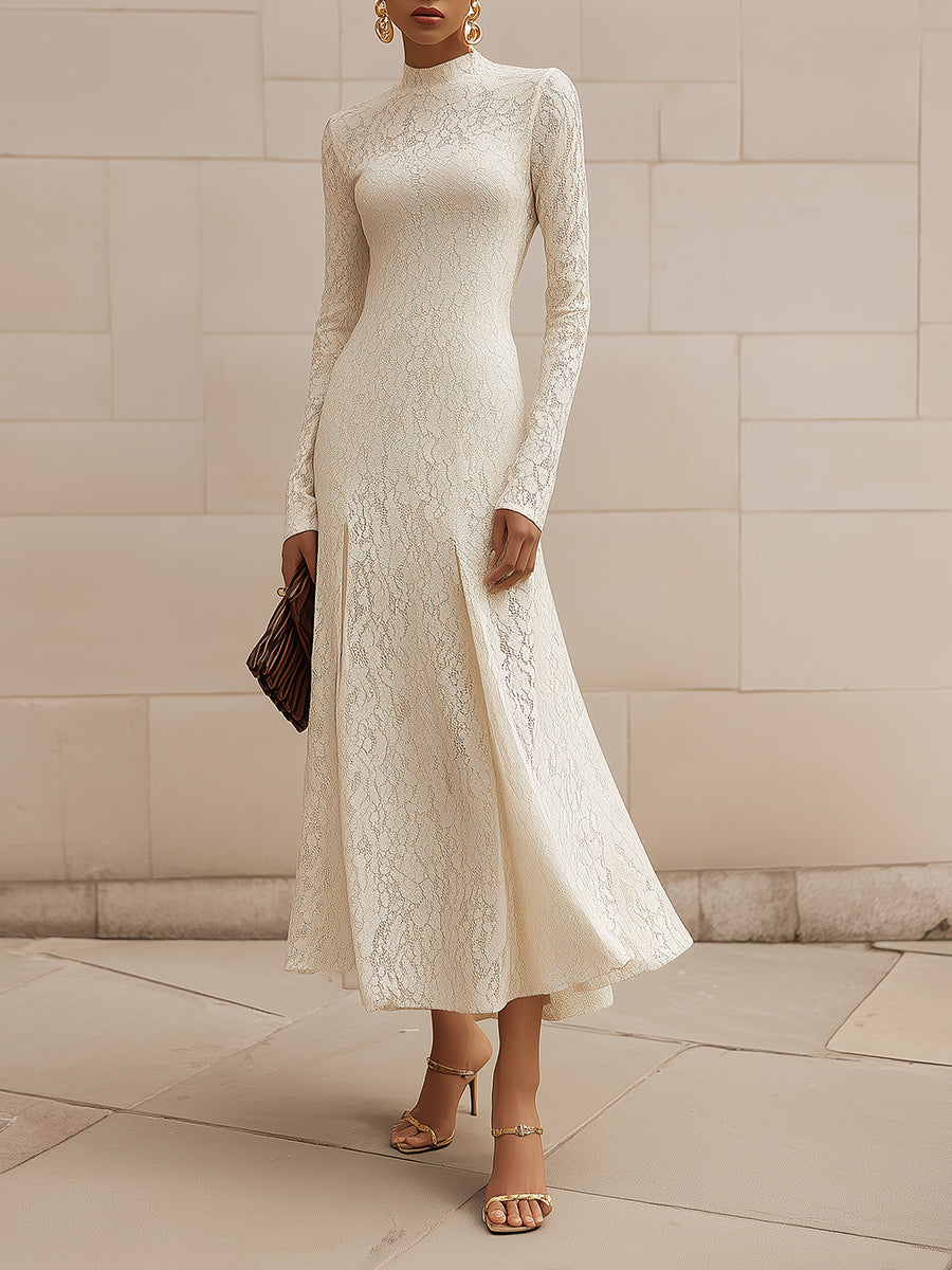 Elegant Commuter Versatile Pinch Pleated Half Turtleneck Slim Lace Midi Dress