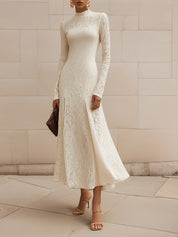Elegant Commuter Versatile Pinch Pleated Half Turtleneck Slim Lace Midi Dress