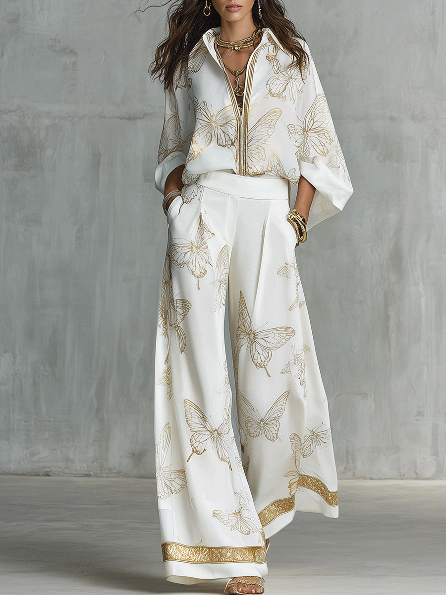 Bohemian Luxe Butterfly Jacquard Blouse & Wide-Leg Pants Set