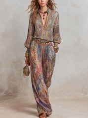 Exquisite paisley print wide leg pantsuit
