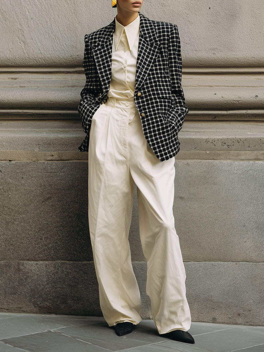 Minimalist Lapel Plaid Wool Straight Loose Blazer
