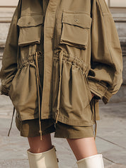 Casual Oversized Waist Drawstring Cargo Pockets Washed Cotton Jacket