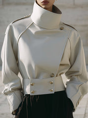 Deconstructed Stand-up Collar, Slanted Placket, Eco-friendly Leather Cropped Boxy Jacket