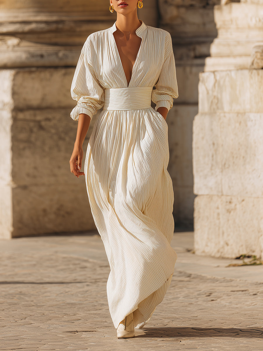 Stylish Retro V-neck Pinstripe Cotton Waisted Maxi Dress