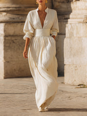 Stylish Retro V-neck Pinstripe Cotton Waisted Maxi Dress