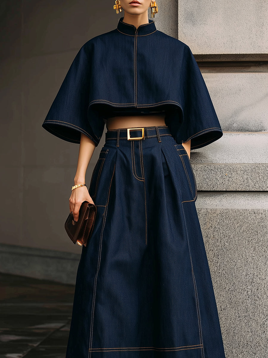 Classic Denim Stand Collar Cape & Topstitched Midi Skirt Set