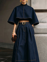 Classic Denim Stand Collar Cape & Topstitched Midi Skirt Set