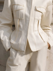 Minimalist Deconstructed Waist-cinched Topstitched Flap Pocket Denim Jacket