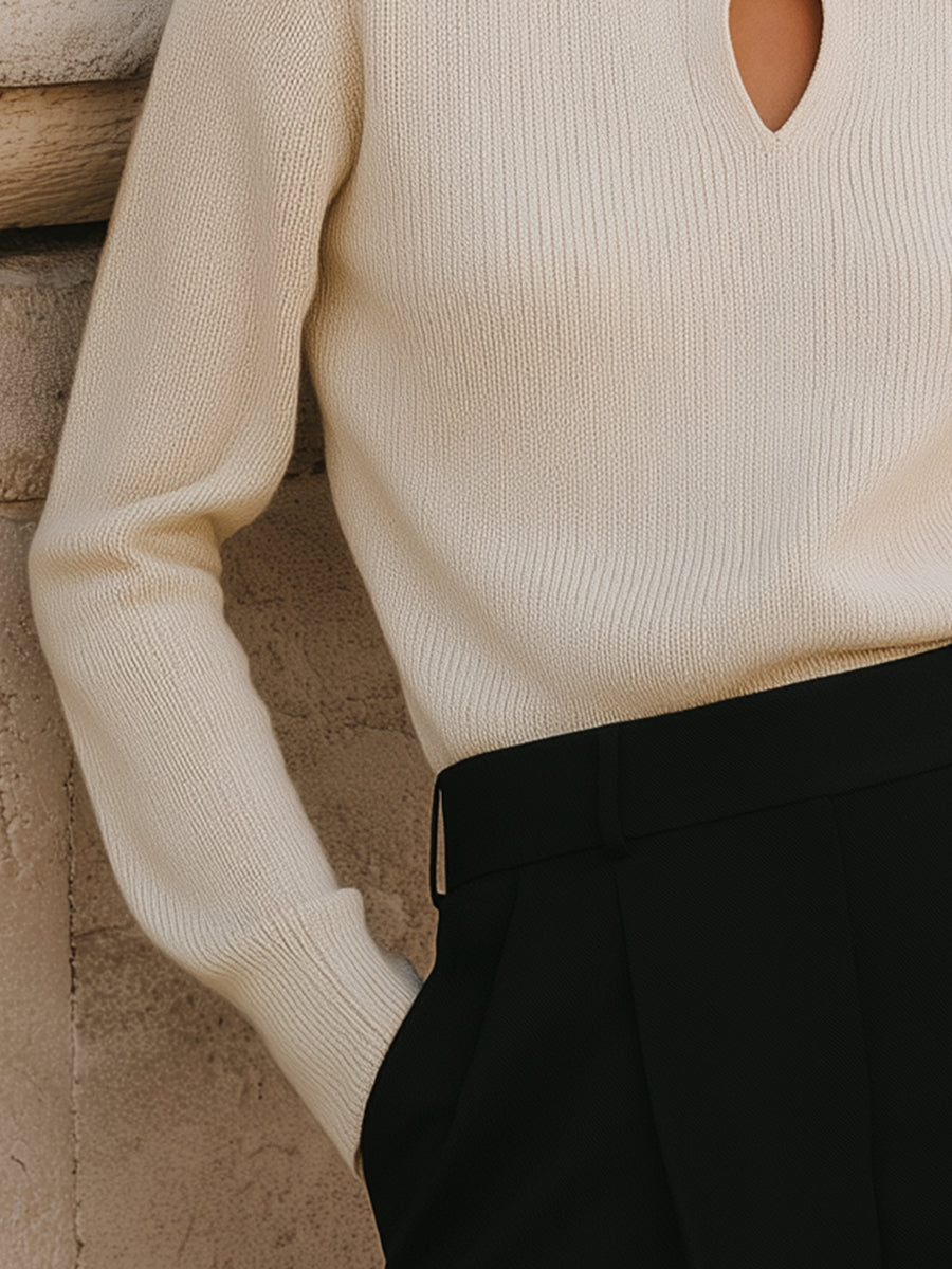 90s Minimalism Revival Keyhole Lapel Soft Fine Knit Base Sweater