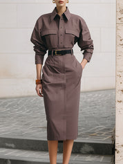 Deconstructed Off-shoulder Cotton Shirt & Side Pocket Midi Pencil Skirt Set