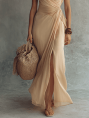 Luxe Chiffon High Slit Soft Beige Draping Maxi Dress
