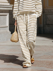 Comfortable Striped Shirt Collar Sweatshirt & Threaded Drawstring Pants Set