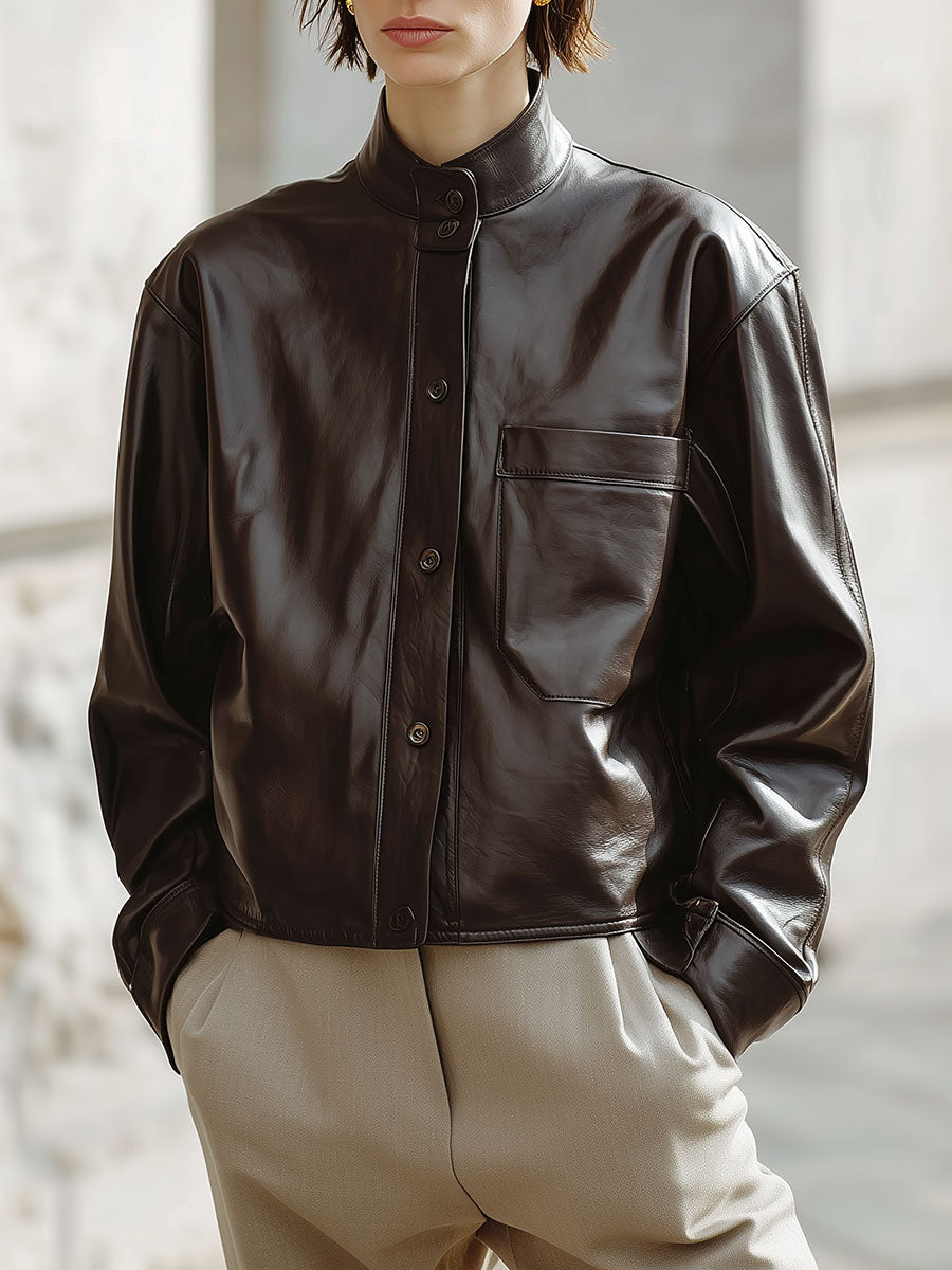 Minimalist Small Stand Collar Environmentally Friendly Leather Patch Pocket Jacket