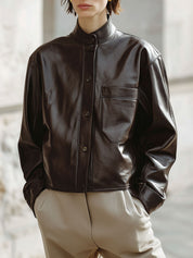 Minimalist Small Stand Collar Environmentally Friendly Leather Patch Pocket Jacket
