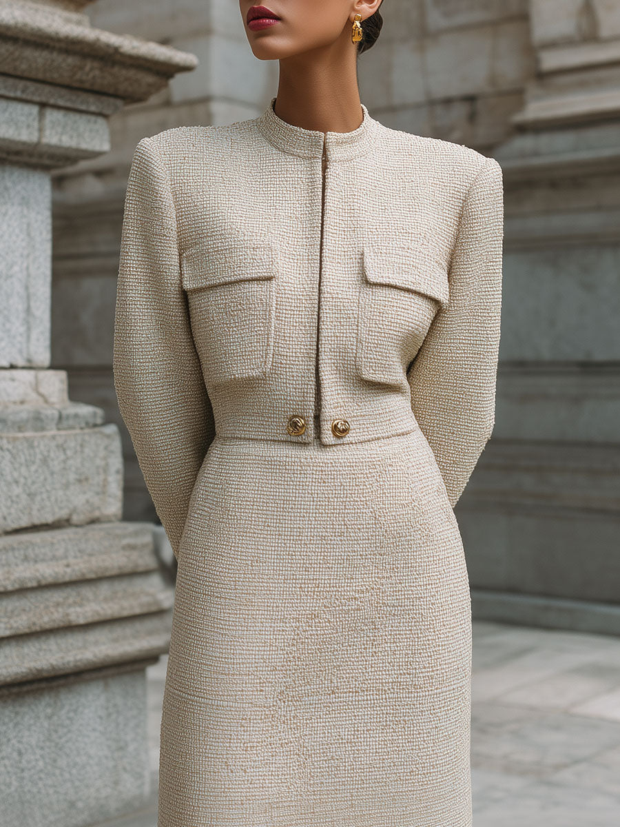 Stylish Minimalist Stand-collar Tweed Short Jacket & Straight Skirt Set