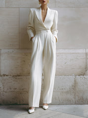 Classic Old Money Tweed Lapel Seam Front Straight Pants Jumpsuit