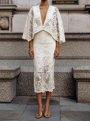Quiet Luxury Soft Elegance Ivory Lace Cape Midi Dress