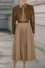 Minimalist Retro Eco-friendly Leather Jacket And Mid-Length Skirt Set With Belt