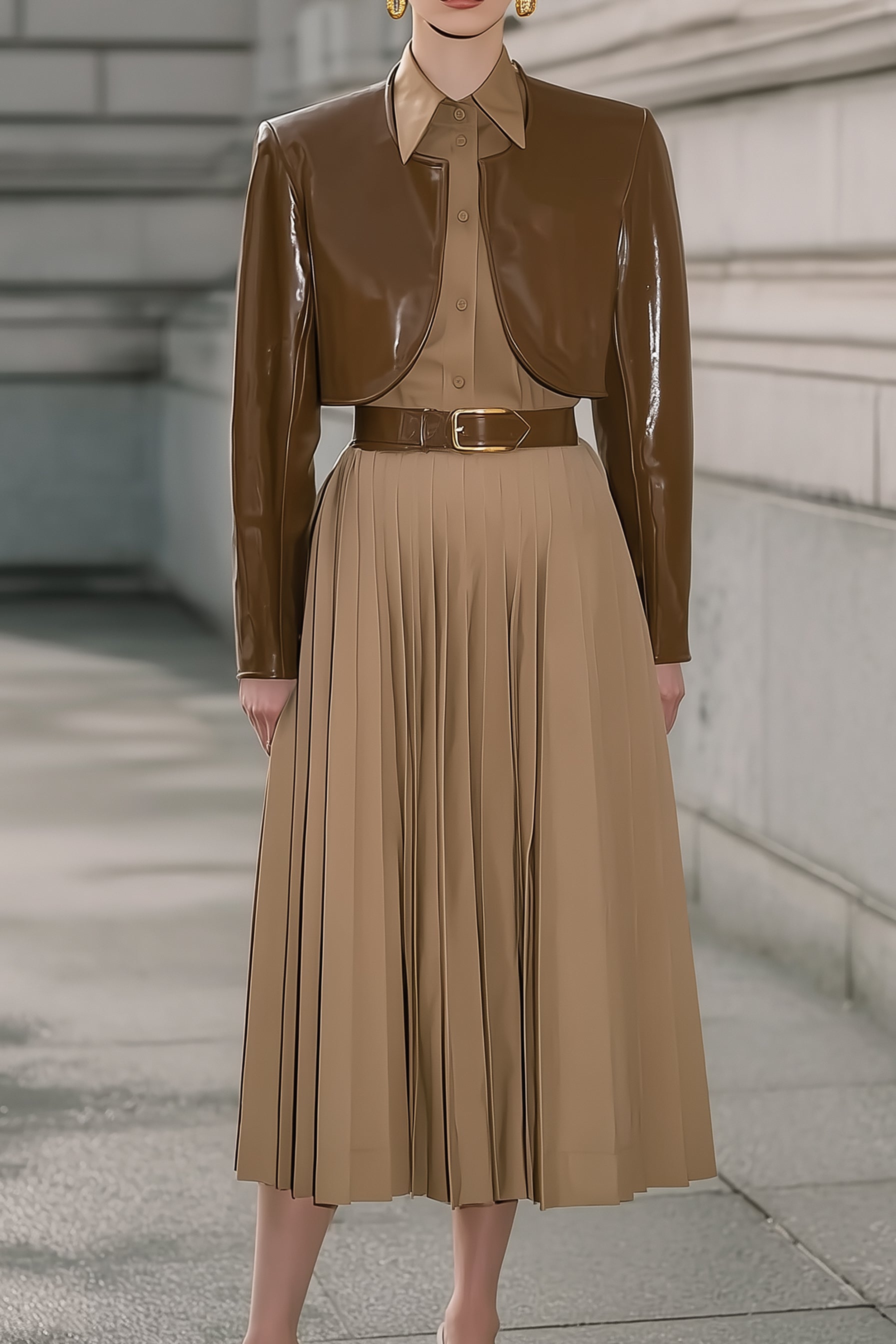 Minimalist Retro Eco-friendly Leather Jacket And Mid-Length Skirt Set With Belt
