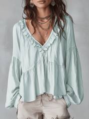 Soft Boho Ruffled V-Neck Relaxed Blouse