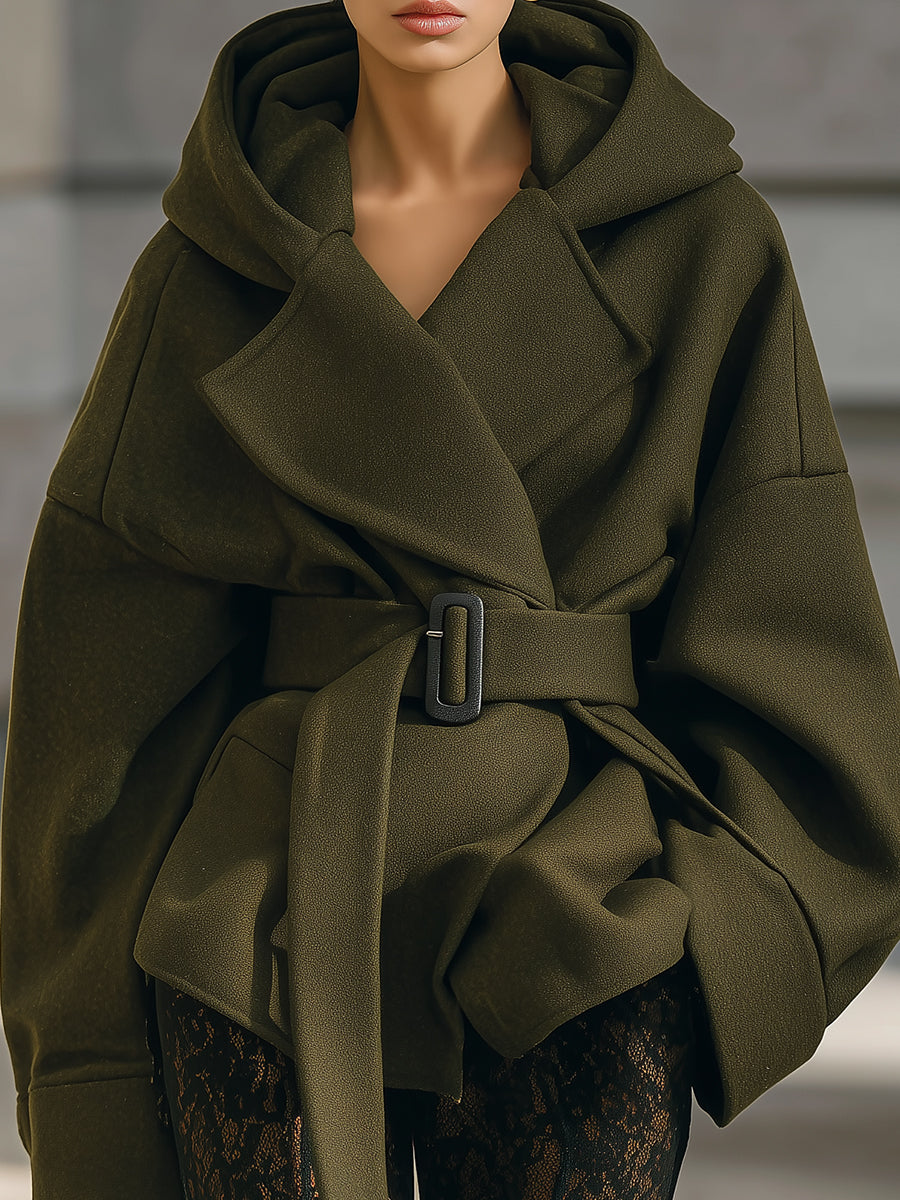 Old Money Oversized Woolen Short Hooded Jacket With Belt