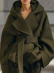 Old Money Oversized Woolen Short Hooded Jacket With Belt