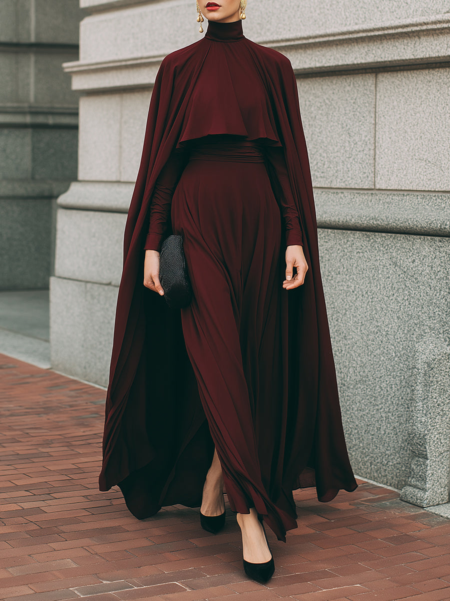 Old-Money Style Minimalist Architectural Elegance Bordeaux Eclipse Maxi Dress