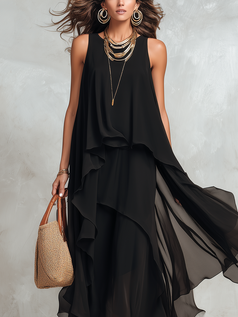 Bohemian Black Layered Chiffon Maxi Dress