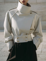 Deconstructed Stand-up Collar, Slanted Placket, Eco-friendly Leather Cropped Boxy Jacket