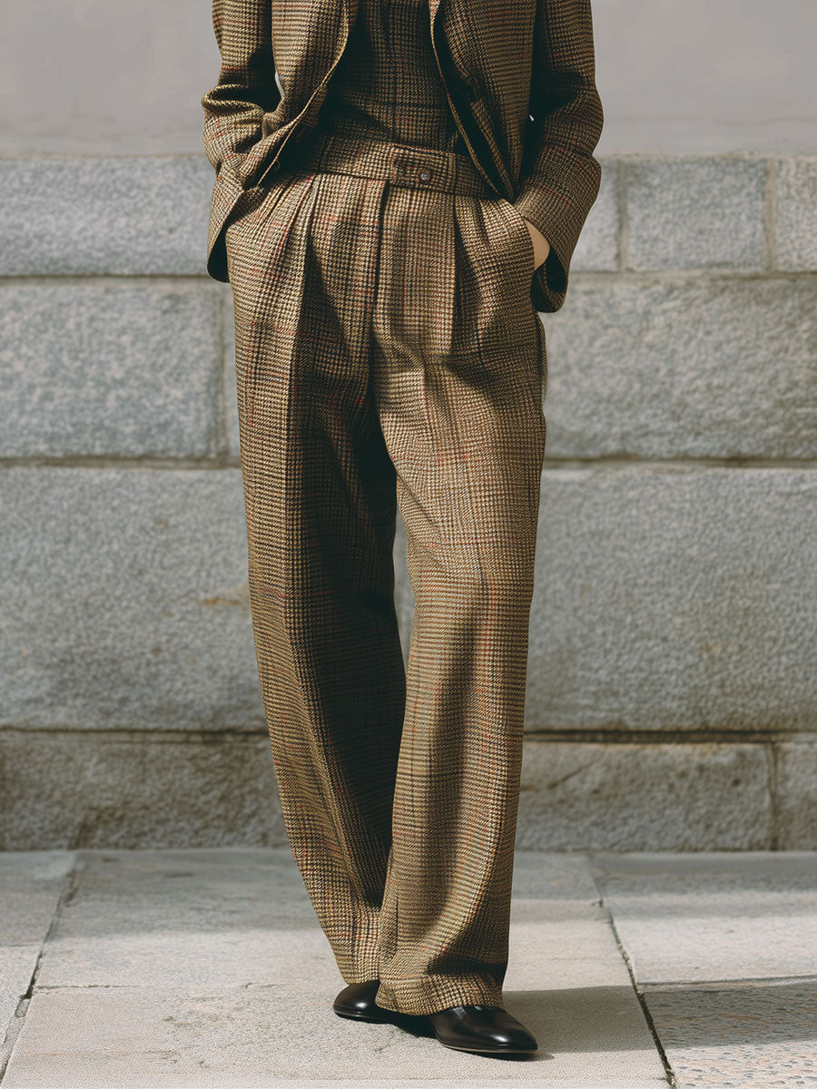 Classic Woolen Fine Plaid Lapel Blazer & Vest & Straight Pants 3-pc