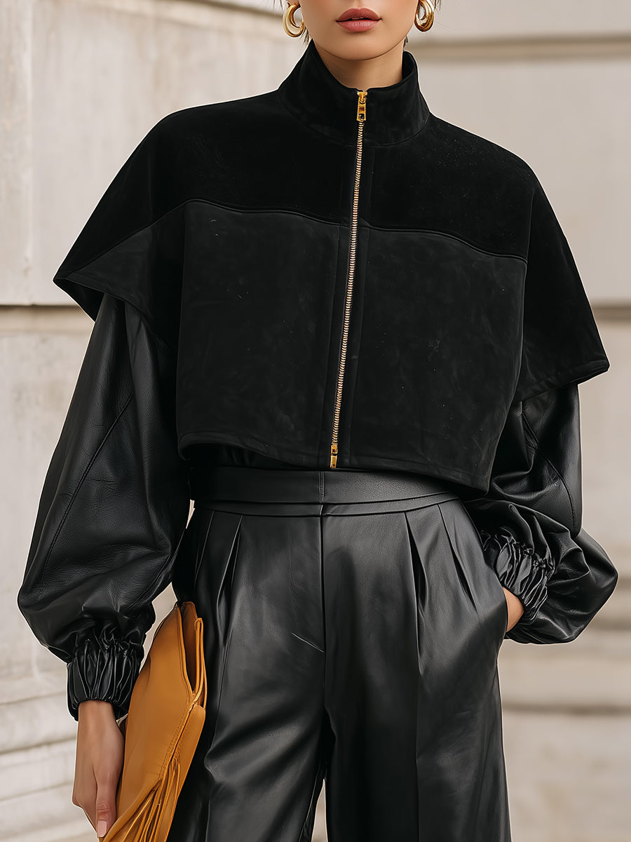 Old Money Suede & Eco-leather Spliced stand Collar Cape Sleeve Jacket
