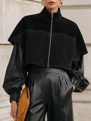 Old Money Suede & Eco-leather Spliced stand Collar Cape Sleeve Jacket