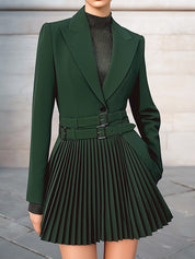 Old Money Double Belt Pleated Skirt Blazer Dress