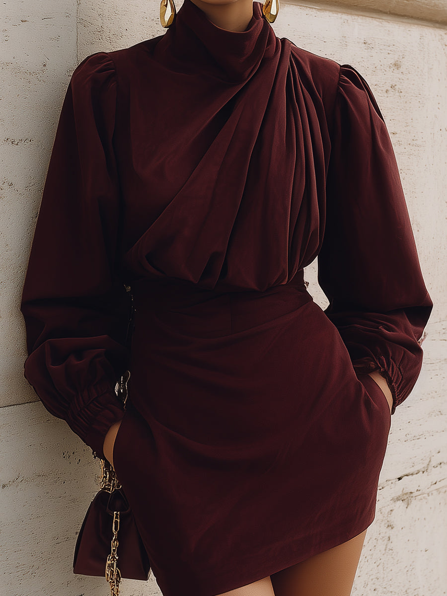 Retro Pleated Puff Sleeve Short Dress With Diagonal Pockets