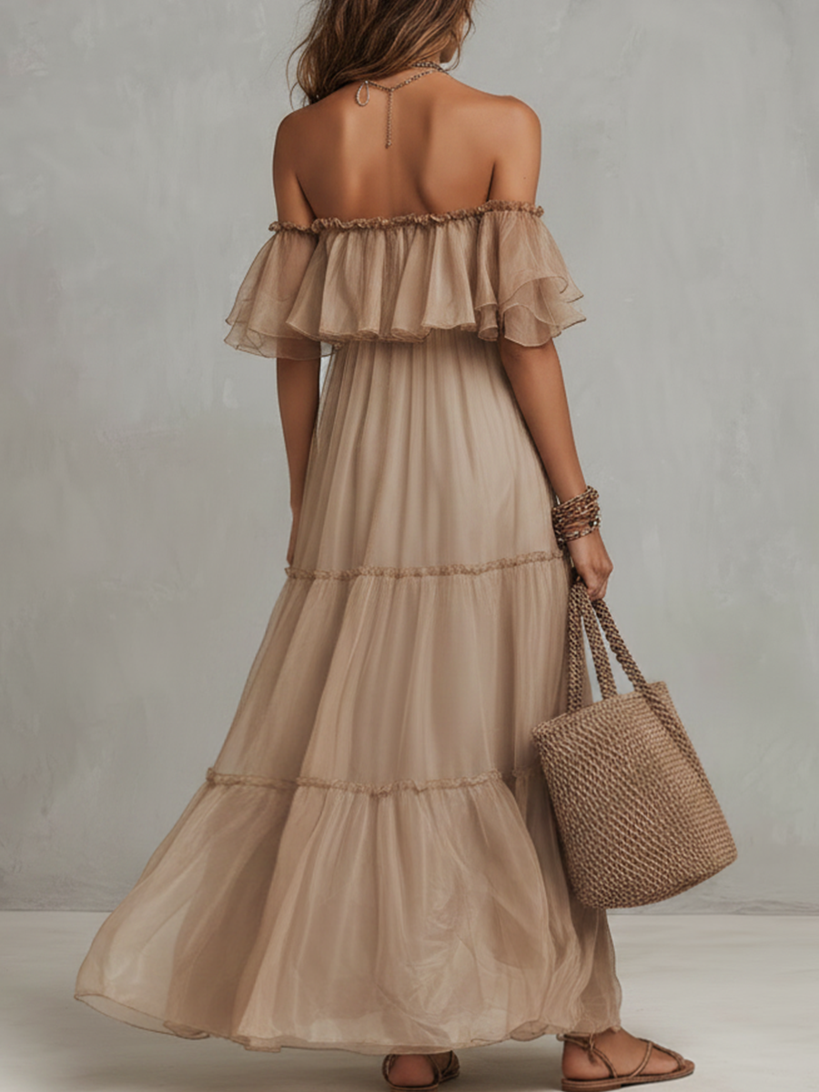 Elegant Taupe Off-Shoulder Sheer Midi Dress
