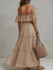 Elegant Taupe Off-Shoulder Sheer Midi Dress