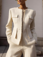 Minimalist Tweed Raw-trimmed Flap Pocket Cinched-waist Jacket