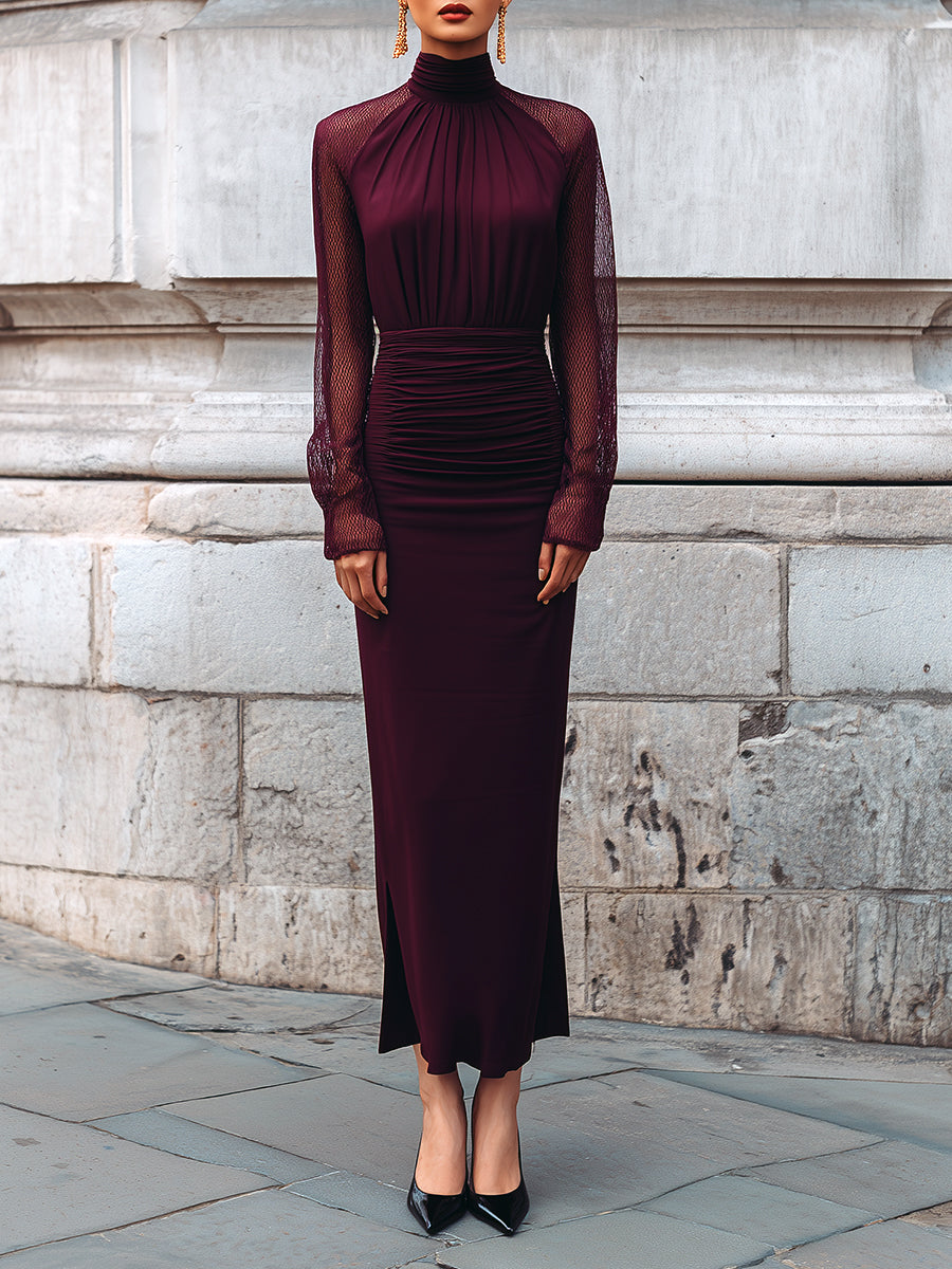Merlot Poise Sculpted Silhouette High-neck Ruched Mesh Maxi Dress