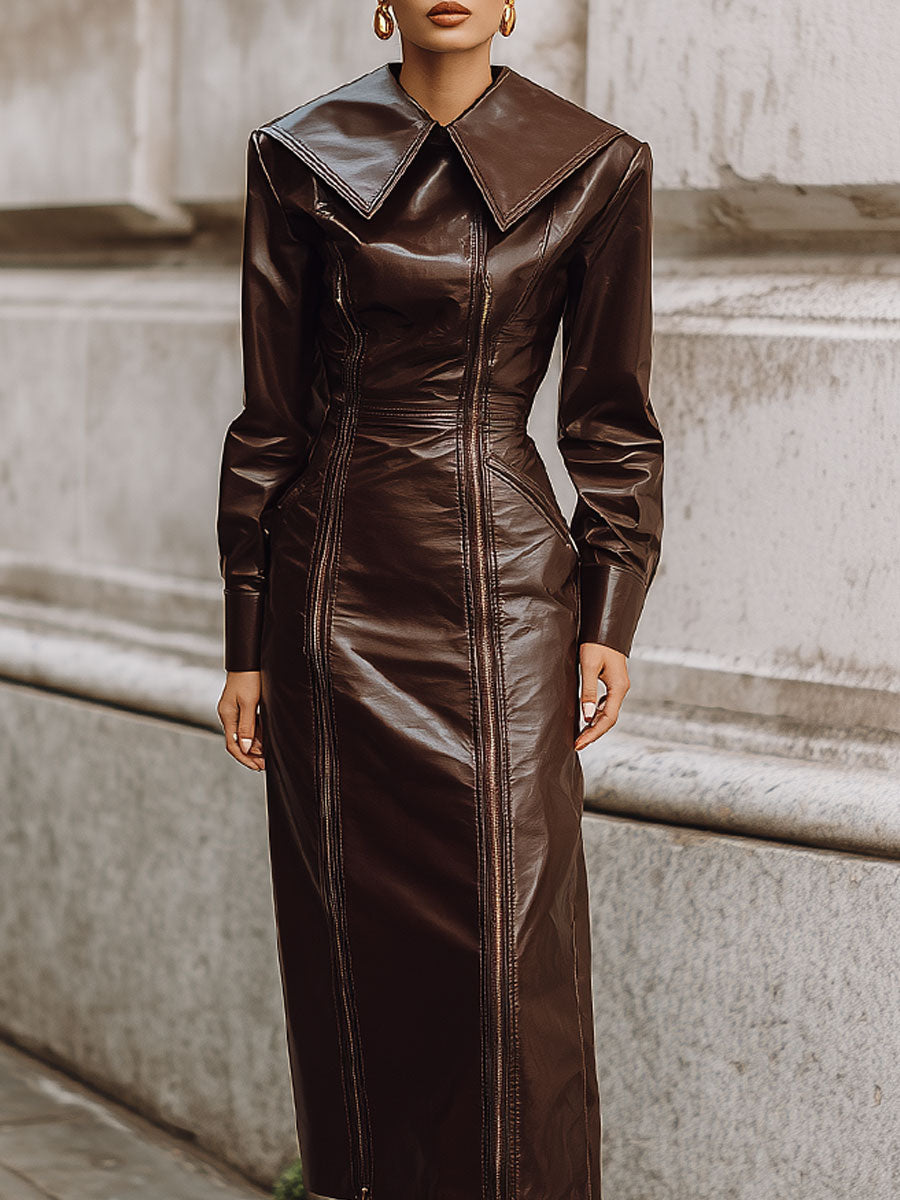 Fashion Old Money Style Double Zipper Eco-friendly Leather Midi Dress