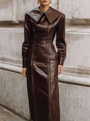 Fashion Old Money Style Double Zipper Eco-friendly Leather Midi Dress