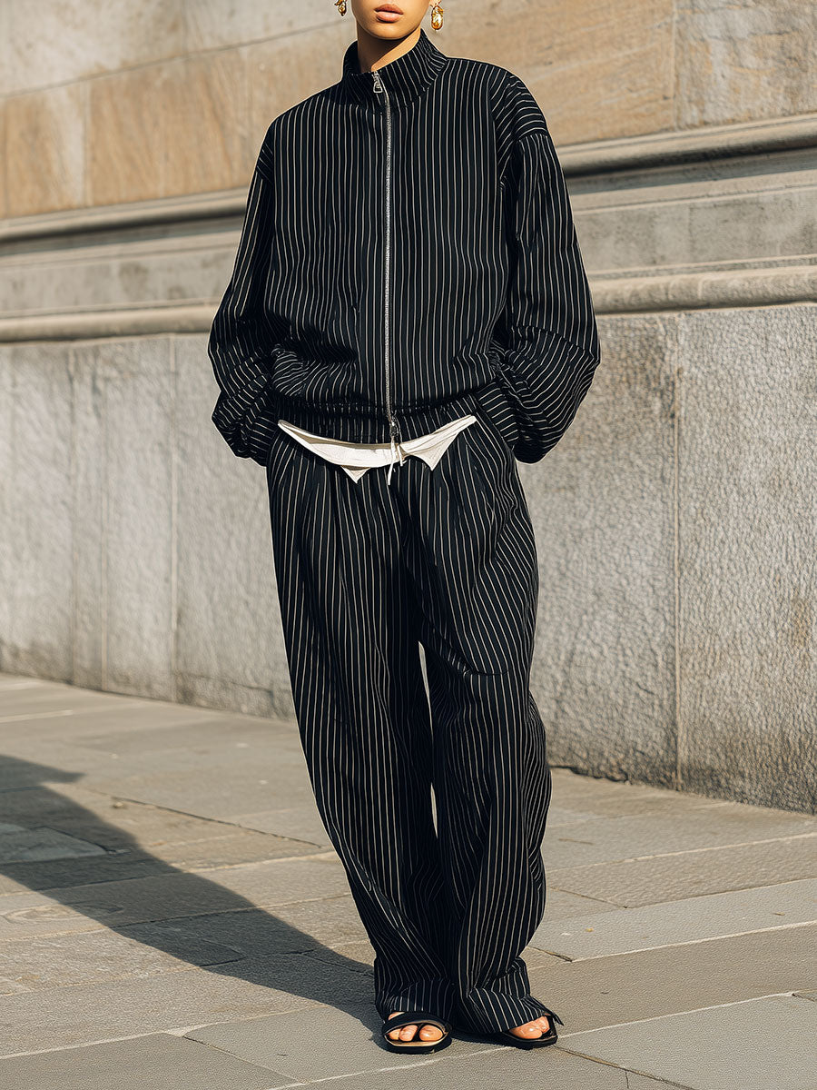 Casual Pinstripe Stand Collar Oversized Jacket & Straight Pants Set