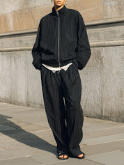 Casual Pinstripe Stand Collar Oversized Jacket & Straight Pants Set