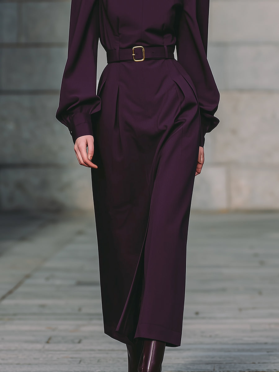 Commuting Stand Collar Lantern Sleeve Waist Pinch Pleated Straight Midi Dress