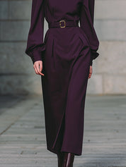 Commuting Stand Collar Lantern Sleeve Waist Pinch Pleated Straight Midi Dress