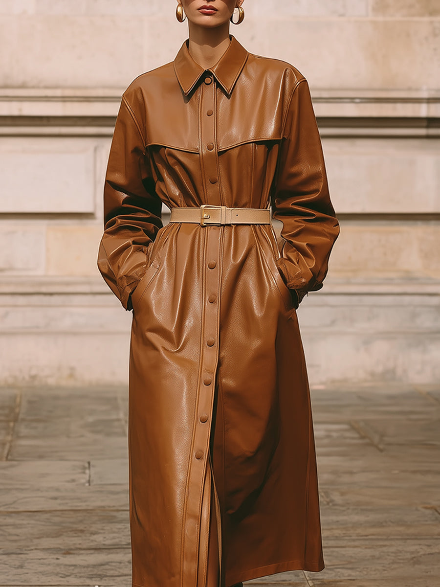 Old Money Deconstructed Eco-friendly Leather Midi Dress With Belt